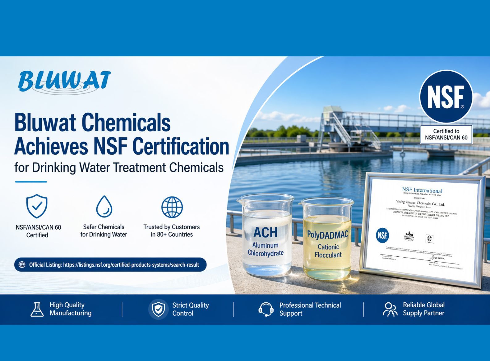 Derniers blogs de l'entreprise sur Bluwat Chemicals obtient la certification NSF pour les produits chimiques de traitement de l'eau potable
